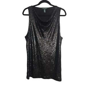 Lauren Ralph Lauren Black Sequin Top XL Sleeveless Cowl Neck Evening Party Tank